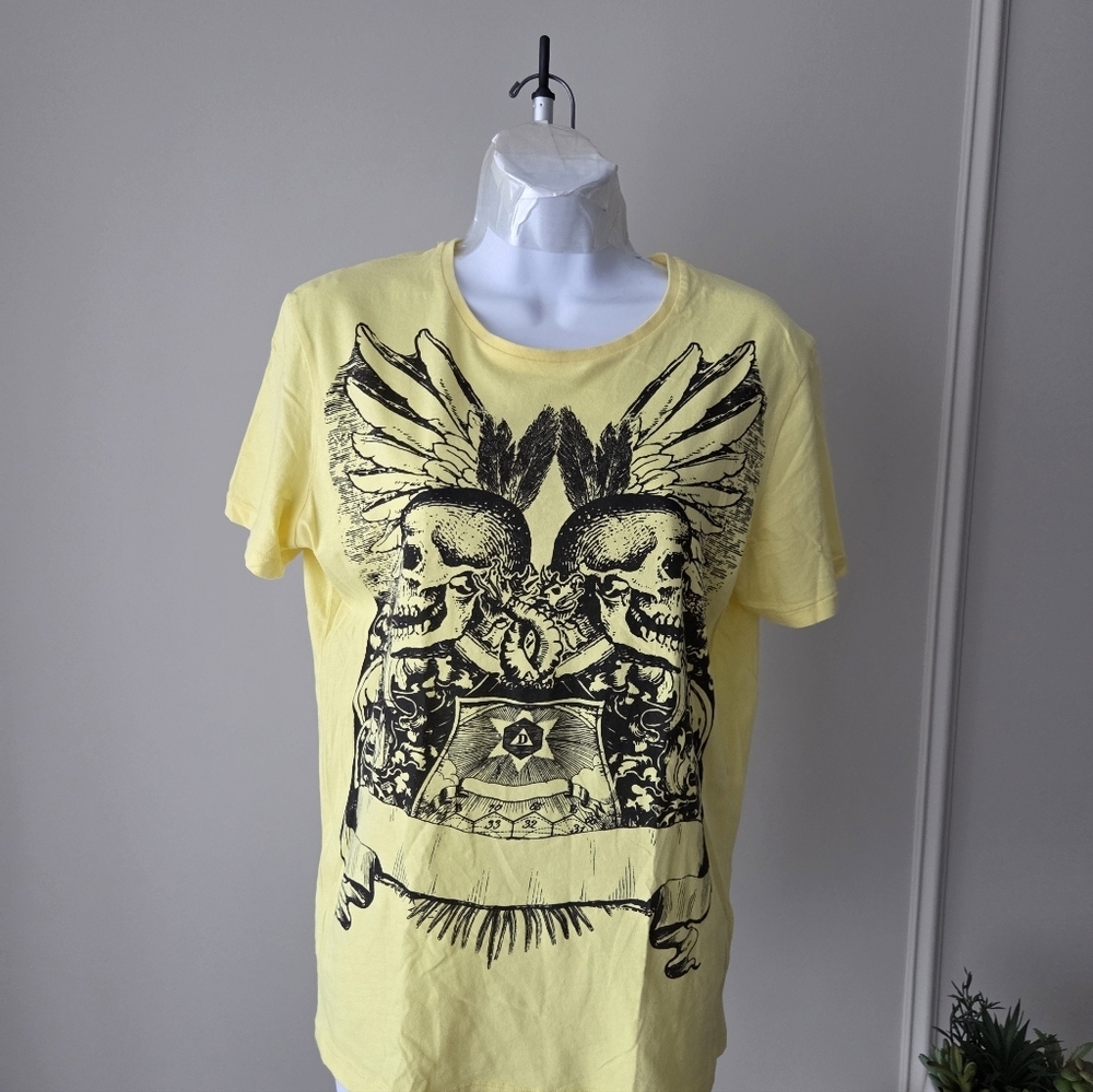 H&M Yellow Grunge Skull Graphic Women's T-Shirt Sz.M